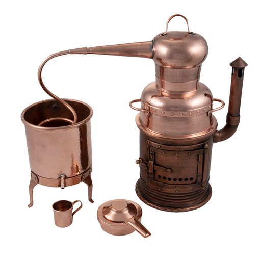 an old fashioned copper colored coffee pot and kettle set up on a white background with the lid open