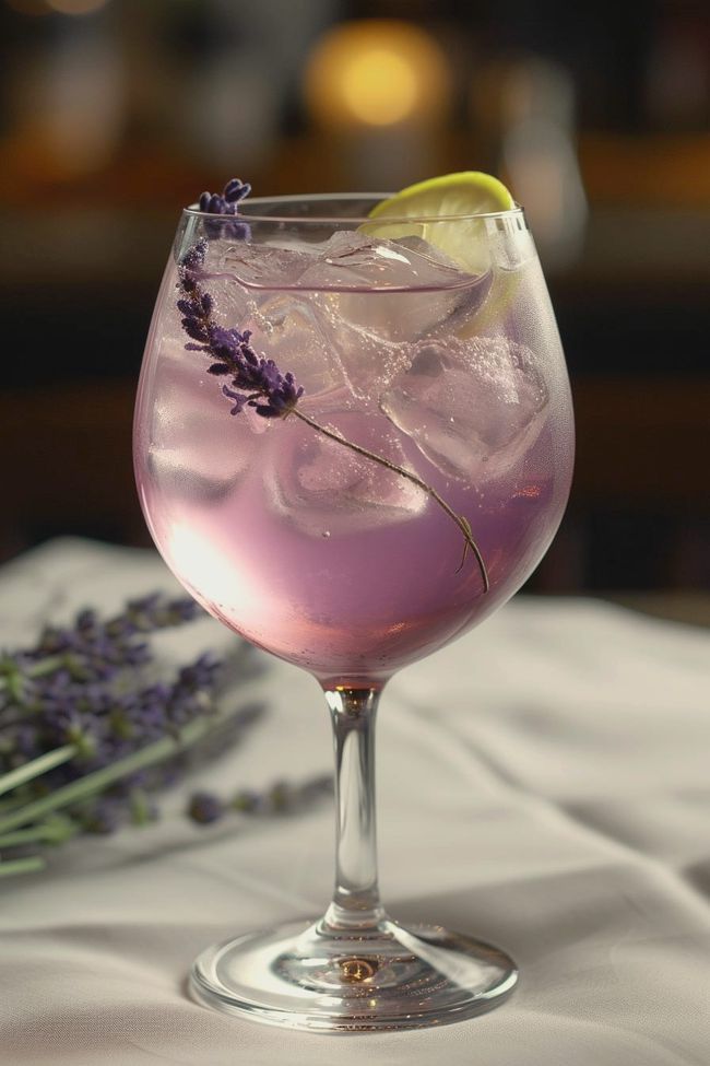 a glass filled with purple liquid and lavender sprits on top of a table