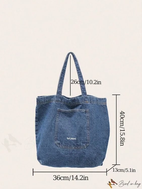 an image of a denim bag with measurements for the front and side pockets, on a white background