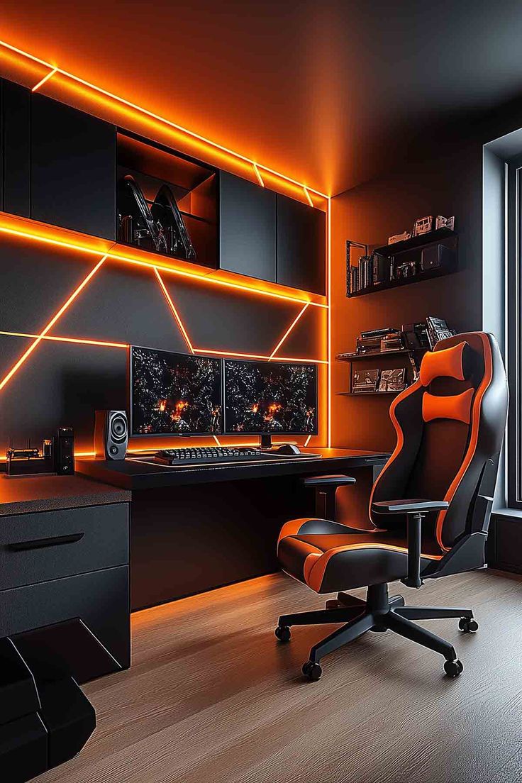 A gaming room setup featuring orange LED lights, a black and orange chair, and a modern desk with dual monitors. Orange Gaming Setup, Best Pc Setup, Work Wallpaper, Games Room Inspiration, Gaming Ideas, Gaming Rooms, Gaming Desk Setup, Best Gaming Setup, Home Studio Setup