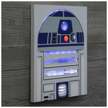 a star wars r2d2 coin machine on a wooden wall with blue lights