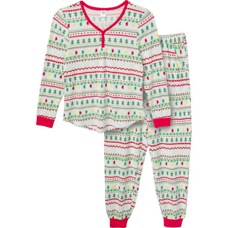 Enjoy the festive season in our women's holiday pajamas, crafted from exceptionally soft hacci fabric for your comfort. The long sleeve button top offers a timeless appeal, while the comfort-stretch waistband provides a cozy fit. These pajamas are perfect for lounging and staying warm during the cooler months. Make holiday memories even more special with matching pajamas for the whole family, perfect for adorable photos and seasonal celebrations. Our essentials have been independently certified Holiday Long Sleeve Sets For Fall, Holiday Fall Sets With Long Sleeves, Cozy Long Sleeve Christmas Sleepwear, Holiday Long Sleeve Sleepover Sets, Christmas Long Sleeve Sleepwear Loungewear, Christmas Long Sleeve Loungewear Sleepwear, Festive Holiday Sleepwear, Holiday Long Sleeve Sleepwear For Pajama Party, Festive Holiday Long Sleeve Sleepwear