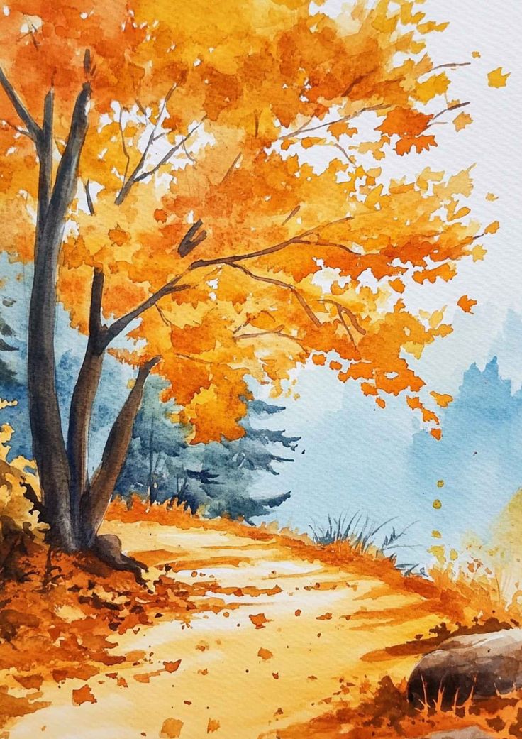 a painting of an autumn scene with trees and leaves in the foreground, watercolor on paper