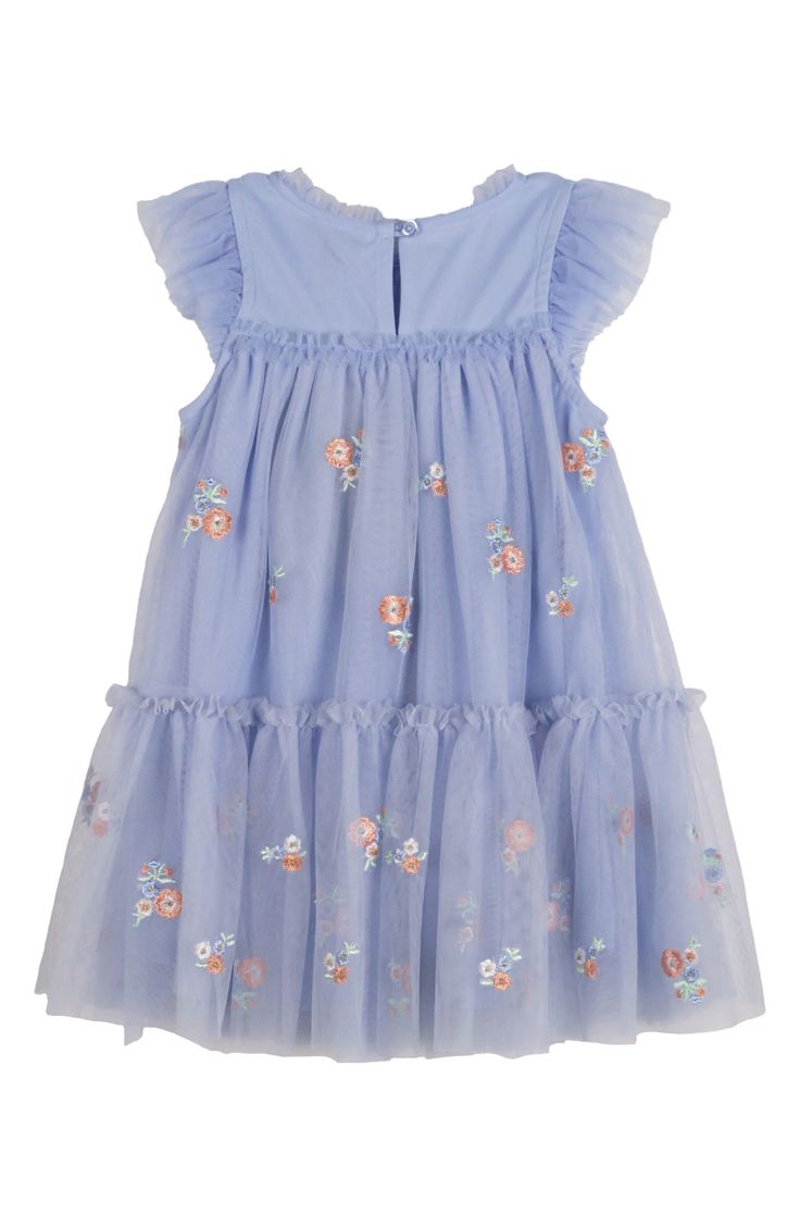 Frilly ruffles and embroidered flowers lend delightful detail to a darling dress that'll have your sweetie ready for the next get-together. Back keyhole with button-and-loop closure Lined 100% polyester Machine wash, line dry Imported Summer Dress With Floral Applique For Dress-up, Blue Floral Applique Dress For Dress-up, Spring Dresses With Ruffles For Playdate, Spring Embroidered Dress With Ruffles For Garden Party, Blue Floral Embellished Summer Dresses, Light Blue Floral Embroidered Dress For Summer, Light Blue Floral Embroidery Dress For Summer, Cute Light Blue Dress With Ruffle Hem, Light Blue Floral Embroidered Summer Dresses