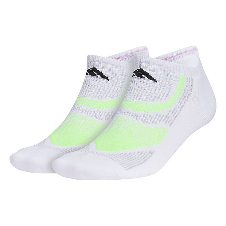 two pairs of white socks with neon green stripes on the side and black toeing