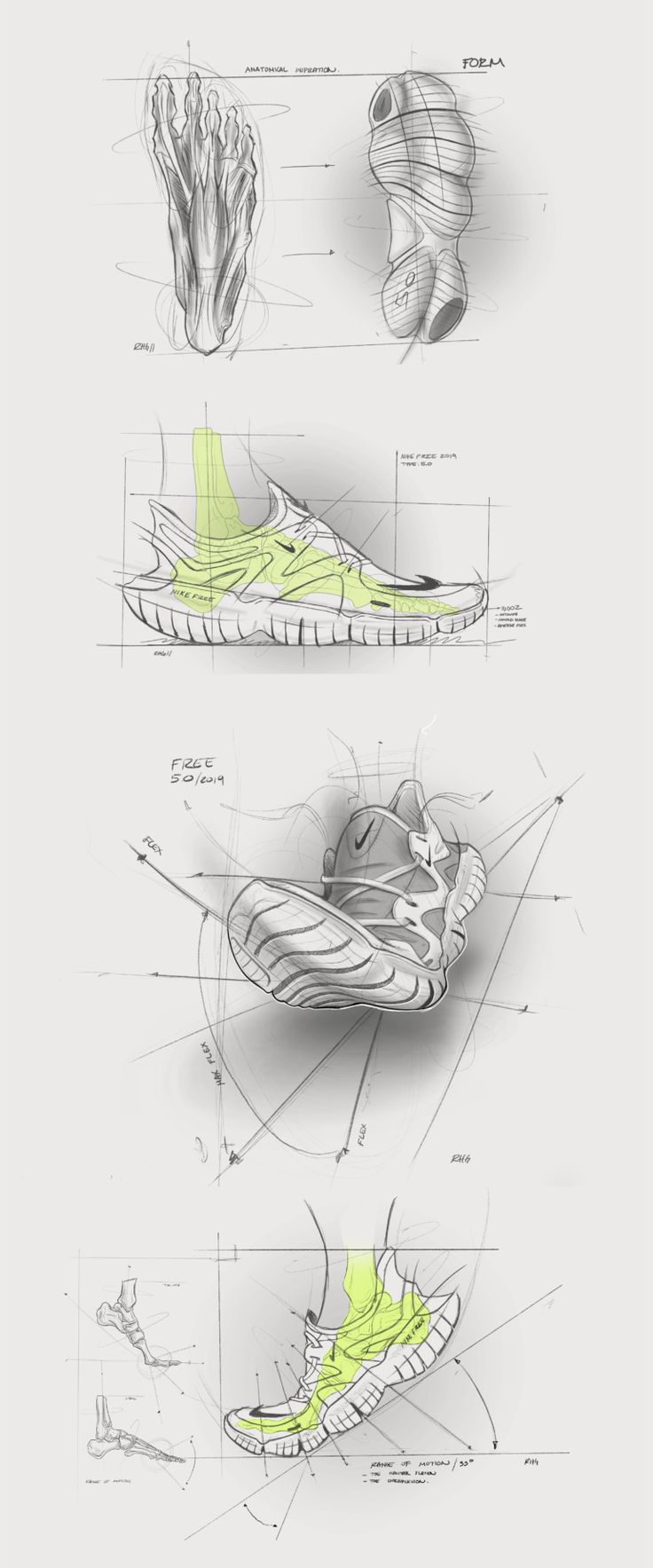 three different views of shoes and footwear, one in yellow and the other in white