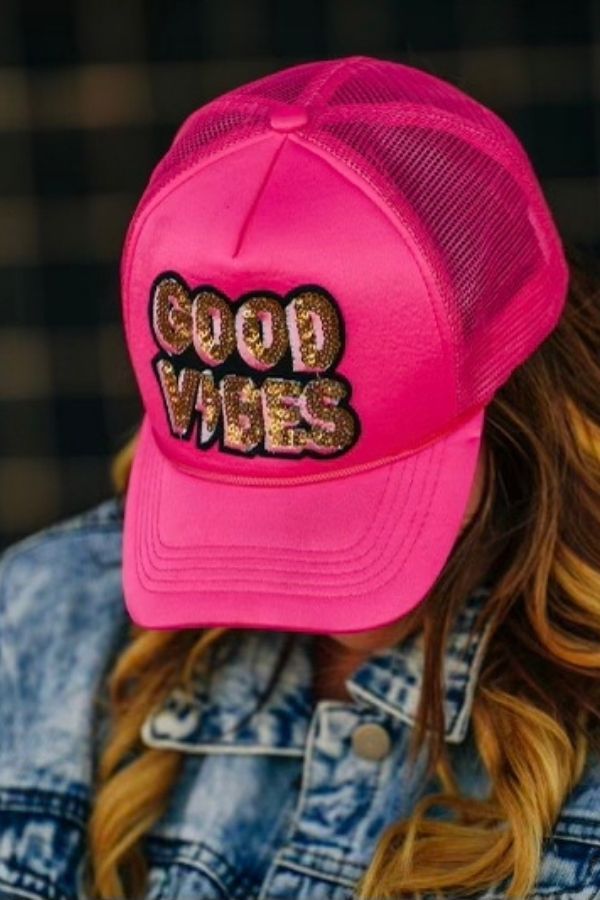 Good vibes sequin patch hot pink trucker hat with snap back Pink Hat Outfit, Hot Pink Hat, Pink Trucker Hat, Pig Tails, Hat Outfit, Sequin Patch, Pink Hat, Outfits With Hats, Snap Back