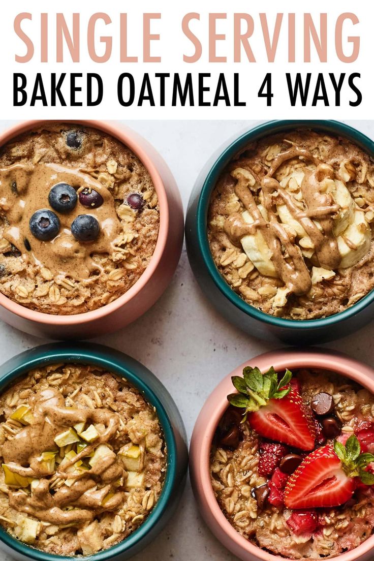 four bowls filled with baked oatmeal and strawberries