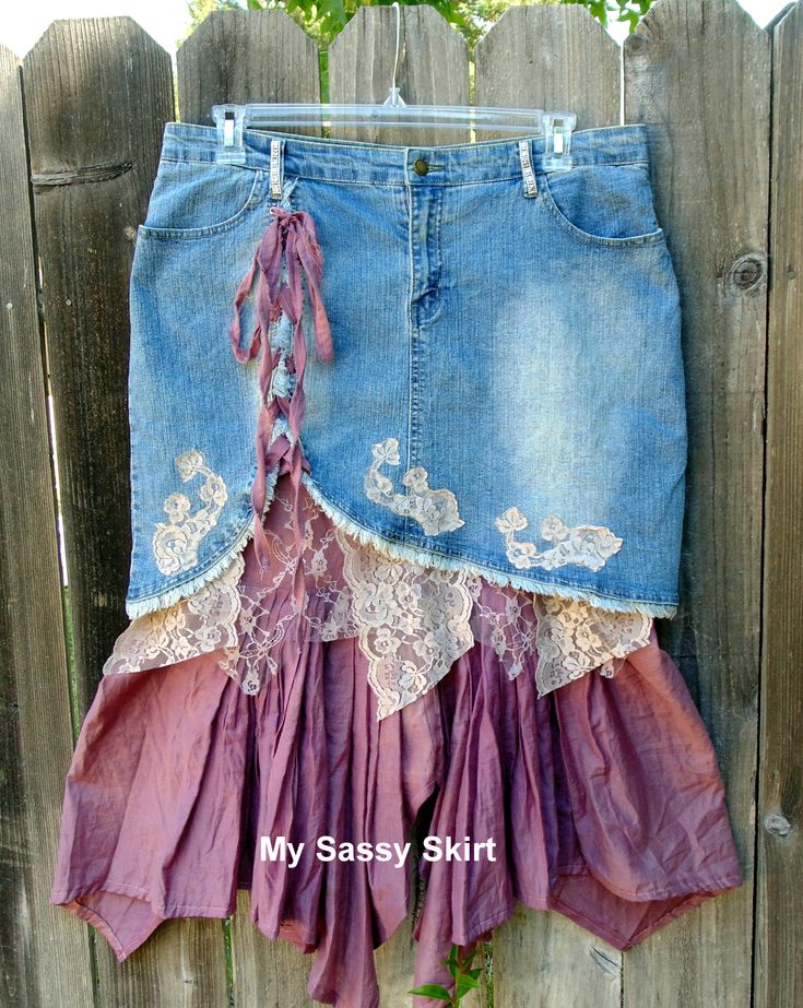 a skirt made out of old jeans with lace on the bottom and ruffled hems