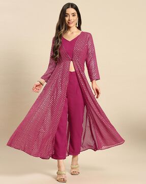 Check out Mabish By Sonal Jain Pants Suit Set with Printed Jacket on AJIO's ongoing All Stars Sale! Long Jacket Pattern Indian Dress, Shrug Suits Indian, Georgette Shrug Long, Kurta With Shrug For Women, Long Jacket Style Suits For Women Indian, Shrug Set For Women, Crop Top With Shrug And Pant, Pant Blouse With Shrug, Crop Top Suits For Women