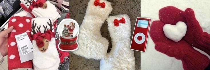 there are two pairs of socks with red bows on them and one pair of white mittens