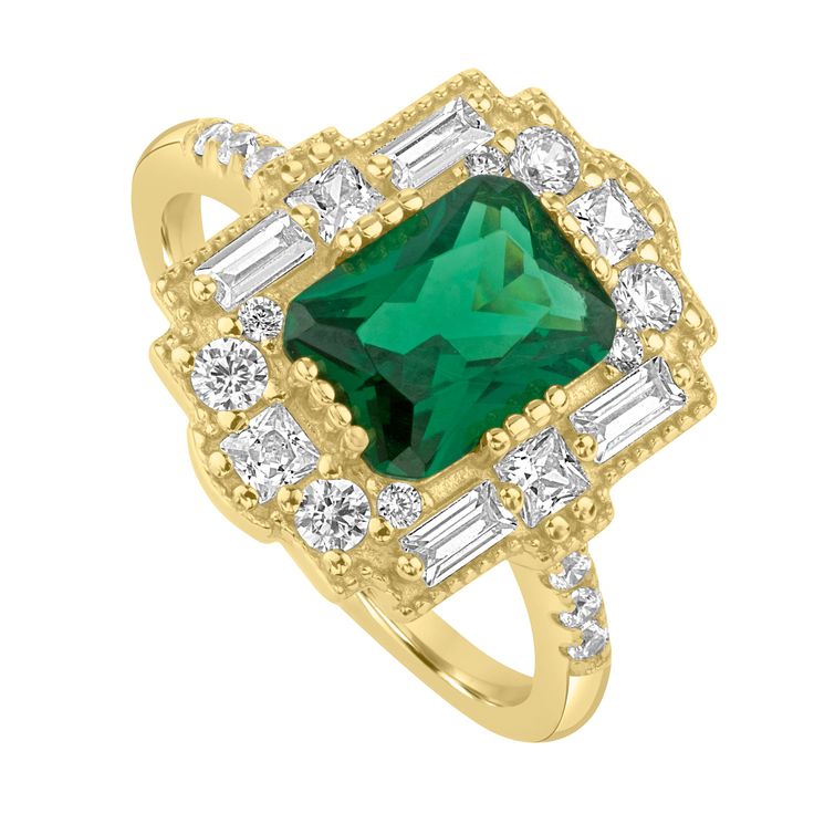 Experience the glamour of Art Deco style with our Gold Plated Art Deco Ring, expertly crafted in lustrous Gold plating over sterling silver. The ring features a stunning emerald-cut green spinel as the centerpiece, elegantly accented by a combination of baguette and round stones that complete the vintage-inspired design. The intricate detailing and exquisite craftsmanship make this ring a true work of art, perfect for adding a touch of elegance and sophistication to any occasion. Elevate your je Formal Green Sapphire Diamond Ring, Formal Green Sapphire Ring With Diamond, Elegant Octagon Halo Jewelry, Elegant Octagon Halo Design Jewelry, Elegant Green Emerald Ring With Halo Setting, Elegant Green Diamond Ring With Halo Design, Elegant Green Gemstone Halo Ring, Elegant Emerald Cut Ring With Halo Design, Elegant Emerald Cut Emerald Ring With Halo Design