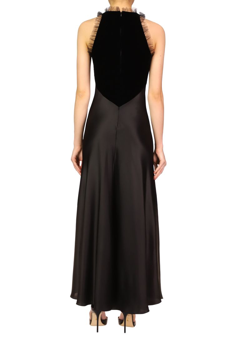 Black Silk Satin & Velvet Dress With Tulle Detail – Rodarte Silk A-line Maxi Dress With Bias Cut, Formal Satin A-line Maxi Dress, Formal Black A-line Maxi Dress, Sleek A-line Maxi Dress For Formal Events, Sleek A-line Maxi Dress For Evening, Formal Full-length Bias Cut Maxi Dress, Sleek Black Maxi Dress With Fitted Bodice, Black Silk A-line Maxi Dress, Evening A-line Velvet Dress