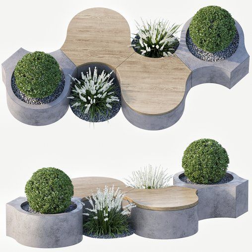 three concrete planters with plants in them