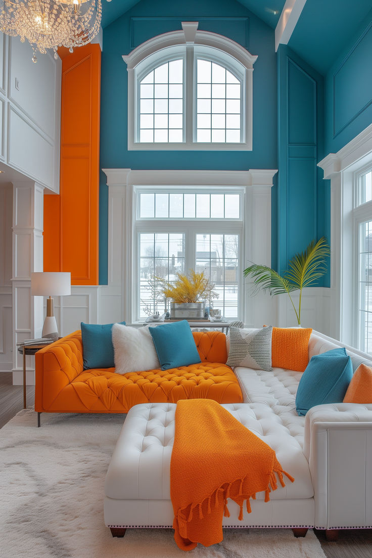 Bright and balanced bedroom featuring a split complementary color scheme. Split Complementary Color Scheme Interior Design, Complementary Interior Design, Harmony Living Room, Complementary Colors Interior Design, Vibrant Color Interior Design, Contrast In Interior Design, Complementary Colour Scheme, Contrasting Colours, Complementary Design