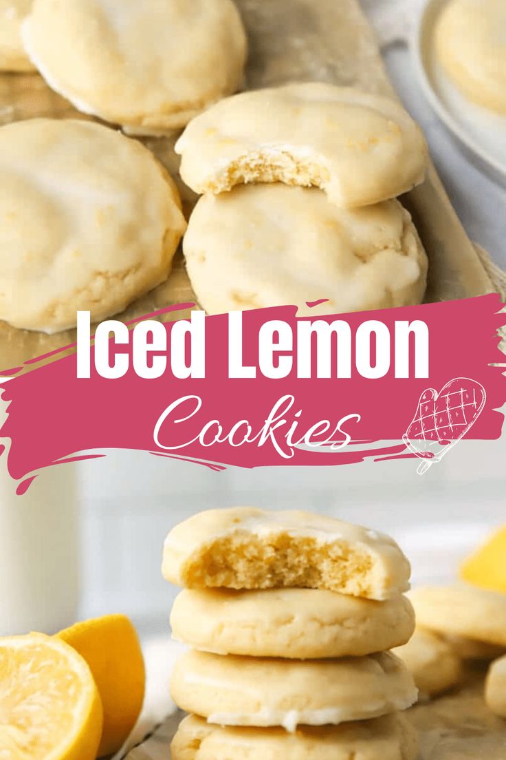 iced lemon cookies stacked on top of each other with the title overlay reading iced lemon cookies