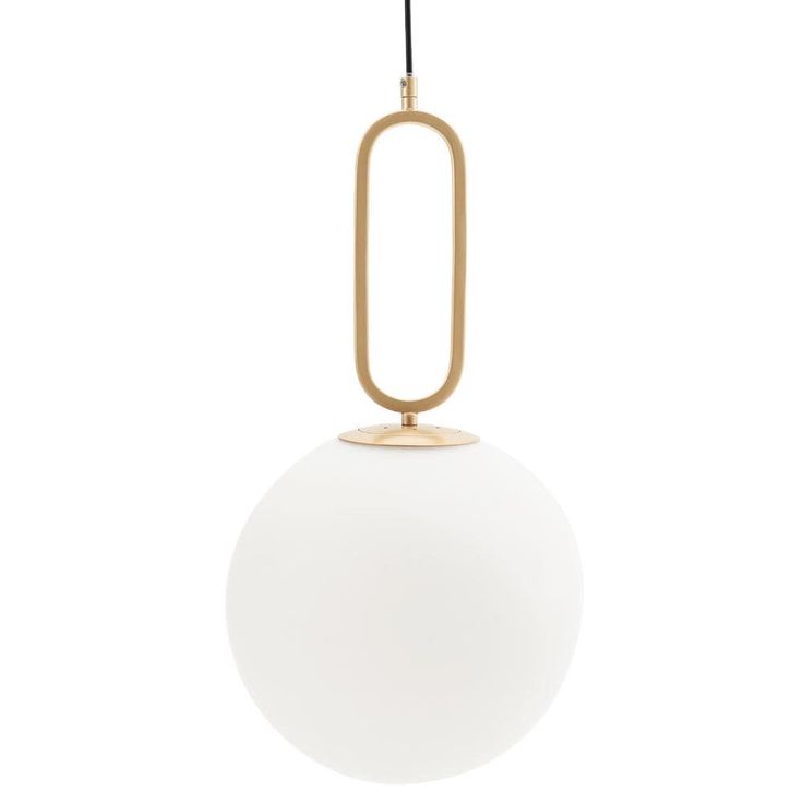 a white ball hanging from a gold metal hook