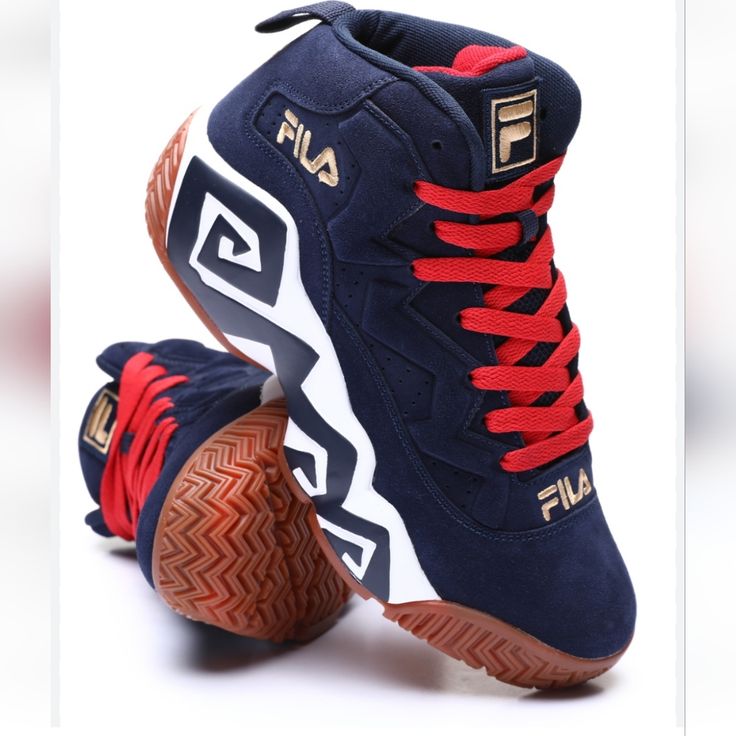 Fila Nwot Size 10.5 Stackhouse Blue And Red Sneakers Smoke-Free And Pet Free Home No Box Comes With Extra Pair Of Blue Laces Casual Navy Basketball Shoes With Round Toe, High-top Blue Basketball Shoes With Red Sole, Shoes Fila, Pretty Sneakers, Fila Shoes, Shoes Sport, Luxury Sneakers, Red Sneakers, Basketball Sneakers