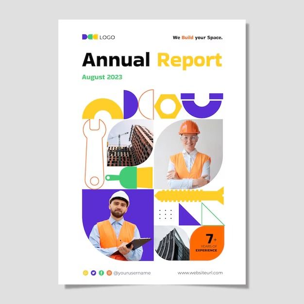 an annual report cover with the image of construction workers in orange vests and hard hats