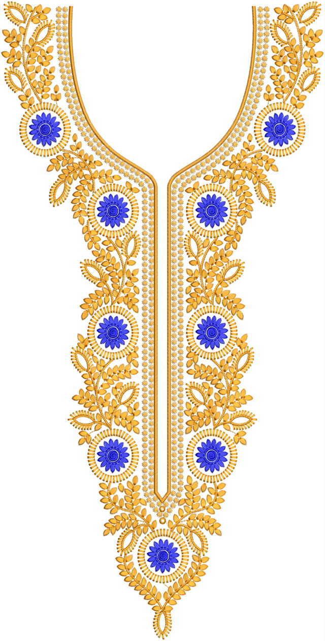 an ornate gold and blue necklace with flowers on the front, surrounded by smaller blue beads