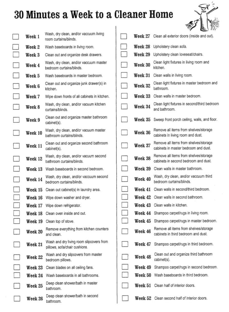 a printable cleaning checklist with the words 30 minutes a week to a cleaner home