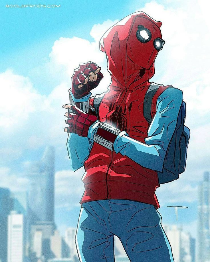 a man in a red spider - man suit is holding a cell phone and looking at the sky