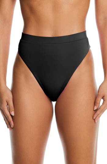 These sleek bikini bottoms have a high waistband that smoothes, supports and hides a zip pocket in back for your keys or cash. Full back coverage Hidden back zip pocket Lined 83% recycled polyester, 17% elastane Hand wash, line dry Imported Women's Clothing Black High-cut Leg Swimwear For Pool, High Rise Solid Swimwear With Smoothing, Black High-cut Leg Smoothing Swimwear, High Rise Solid Smoothing Swimwear, Sleek Black Brief Bottoms, Black High-cut Leg Swimming Bottoms, Solid High-waist Swimwear Made Of Elastane, High Rise Black Swimwear For Swimming, Black High Rise Swimwear For Swimming