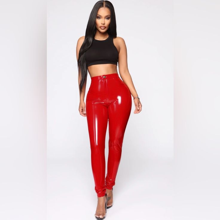 New With Tags Women’s Cherry Red Sexy Vinyl Pants Stretch Red Fitted Bottoms For Club, Trendy Red Club Bottoms, Trendy Red Bottoms For Club, High Waist Red Bottoms For Club, Trendy Red Bottoms For Party, Red High-waisted Pants For Party, High-waisted Red Party Pants, Red High Waist Pants For Night Out, High Waist Red Pants For Night Out