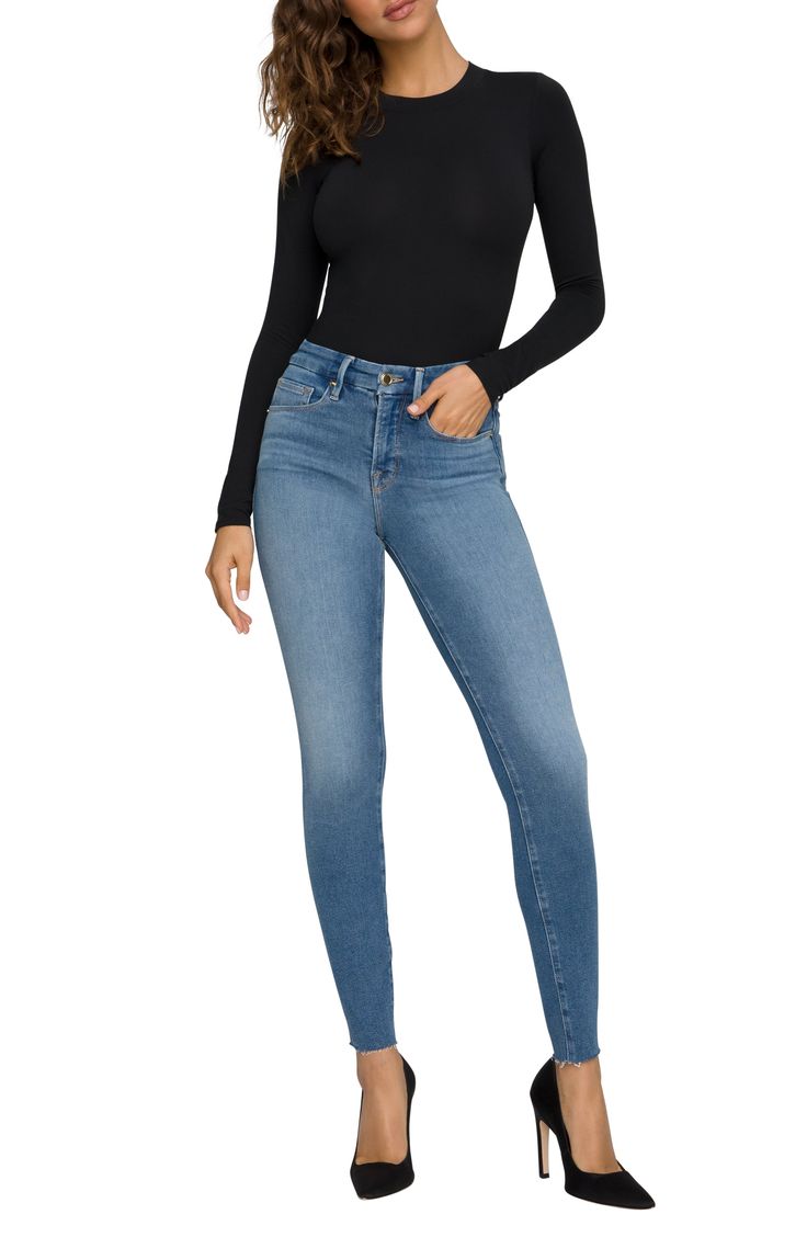 These closet-essential skinnies are designed with a shapely high waist and edgy raw hems. Style Name:Good American Good Legs Skinny Jeans (Blue 655) (Regular & Plus Size). Style Number: 6129249. Back Ripped Jeans, Dark Wash Jeans Women, High Rise Denim Jeans, American Jeans, American Denim, Flat Tummy, Black High Waist, Classic Jeans, Good American