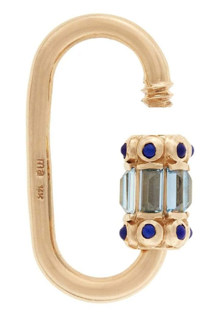 Marla Aaron aquamarine and lapis hateshepsut lock. 3cm x 1.5cm with a thickness of 4mm and a closure of 6mm 14K Yellow Gold, Aquamarine, Lapis Baguette Aquamarines (2.43cts), Lapis Lazuli Cabochons (.5cts) Female Pharaoh, Marla Aaron, Lock Jewelry, Aqua Marine, Jewel Box, Play Dress, Fine Jewels, Lapis Lazuli, Green And Gold