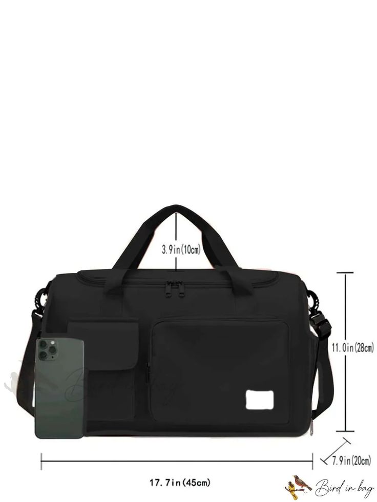 a black duffel bag with the measurements for it and an additional pocket to hold your phone