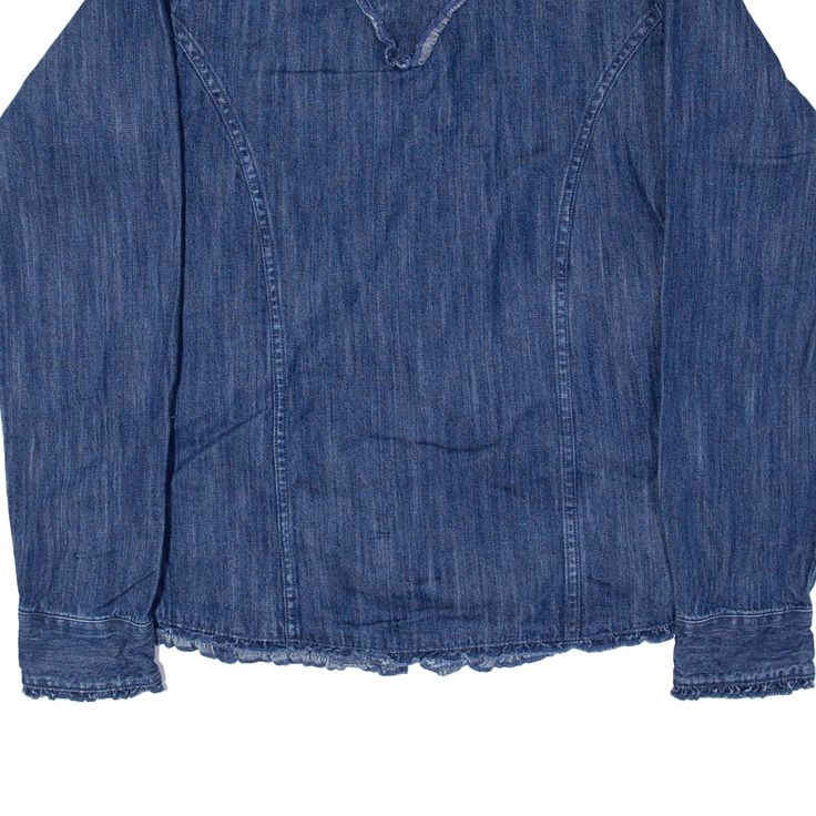 Item is in good used condition. >Size: S >Armpit To Armpit: 19" >Armpit To Cuff: 19" >Collar To Hem: 23" Vintage Style Blue Denim Top, Distressed Cotton Denim Top In Dark Wash, Blue Cotton Denim Jacket With Frayed Hem, Long Sleeve Washed Blue Denim Top With Frayed Hem, Washed Blue Long Sleeve Denim Top With Frayed Hem, Blue Long Sleeve Denim Top With Frayed Hem, Long Sleeve Dark Wash Denim Top With Frayed Hem, Blue Washed Chambray Denim Jacket, Denim Blue Long Sleeve Top With Frayed Hem