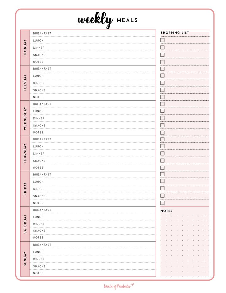 the printable weekly meal planner is in pink and white with black lines on it