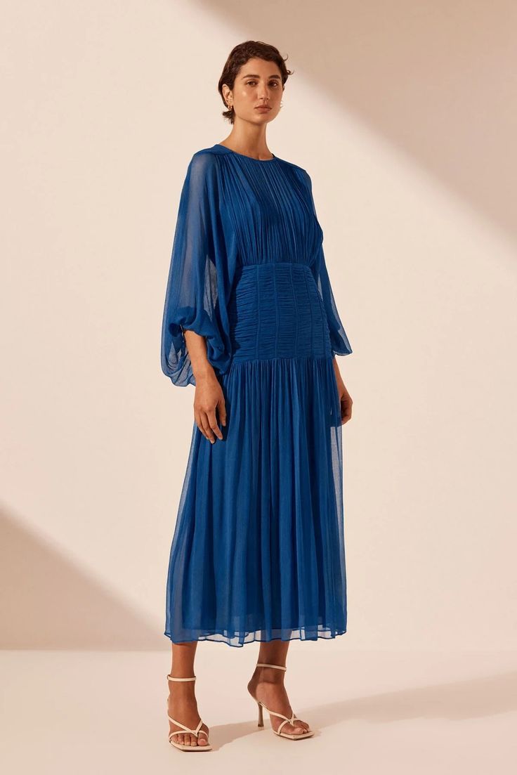 Maya Ruched Panelled Midi Dress | Strong Blue | Dresses | Shona Joy – Shona Joy International Round Balloons, Shona Joy, Sheer Chiffon, Midi Dress With Sleeves, Body Measurements, Winter Wedding, Midi Length, Round Neckline, Blue Dresses