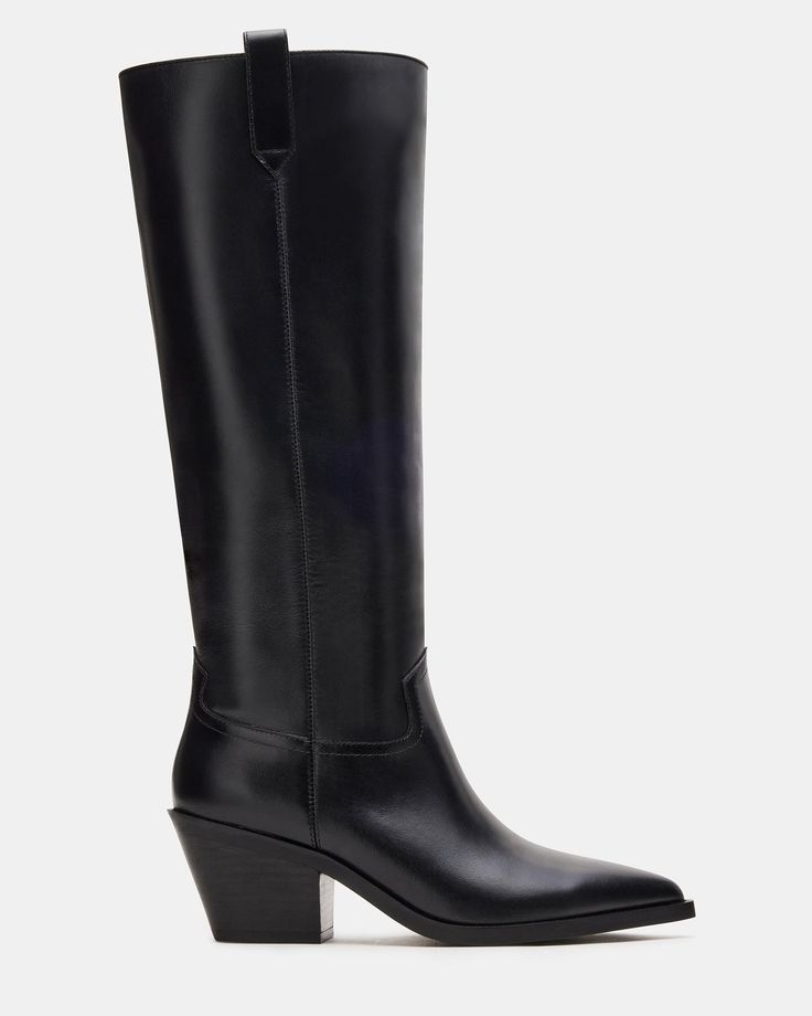 The STALLION boot is expertly crafted and designed with a pointed toe and knee-high length for a sleek and stylish look. These Western-inspired riding boots offer both durability and comfort for any riding or fashion needs. 2.5 inch heel height Size 6 measurements: 15 inch shaft circumference, 14.5 inch shaft height Size 8 measurements: 16.75 inch shaft circumference, 15.25 inch shaft height Size 10 measurements: 17.5 inch shaft circumference, 16 inch shaft height Leather upper material Textile Classic Fall Knee-high Boots With Sculpted Heel, Classic Knee-high Boots With Sculpted Heel For Fall, Classic Tall Heeled Boots For Fall, Classic Knee-high Boots With High Shaft For Work, Classic High Shaft Knee-high Boots For Work, Classic Pointed Toe Knee-high Boots For Fall, Classic High Shaft Boots For Office, Classic Mid-calf Boots With Sculpted Heel For Fall, Wide Calf Knee-high Boots With Snip Toe For Work