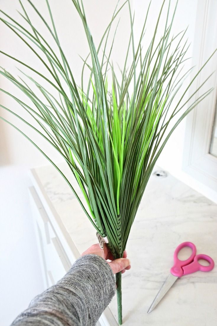 a person holding a plant in their hand with scissors on the table next to it