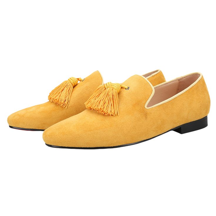 Whether it’s a casual look or business attire, the Yellow Suede Loafer Big Tassel is the perfect mix of classy style for the sophisticated modern man. Slipper Loafers, Party Flats, Men Suede, Fabric Shoes, Suede Tassel, Yellow Shoes, Tassel Loafers, Suede Loafers, Handmade Shoes