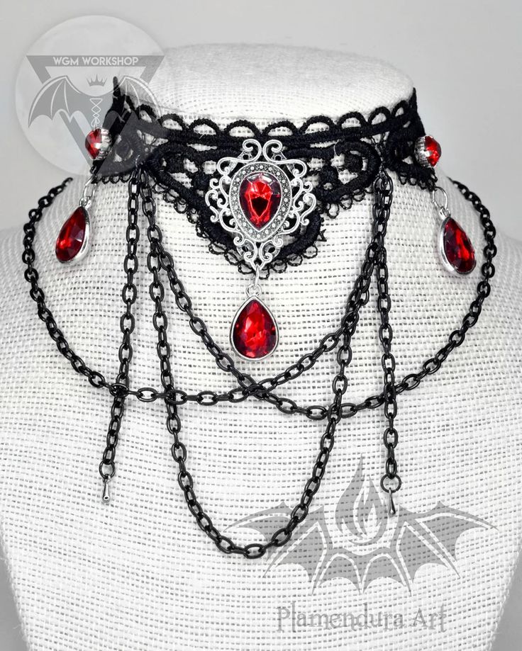 Red Royal Necklace With Black Lace and Rhinestones Plus Draped - Etsy Bulgaria Gothic Red Jewelry For Halloween, Red Gothic Jewelry For Halloween, Red Gothic Jewelry For Party, Adjustable Red Gothic Jewelry, Gothic Chain Jewelry For Valentine's Day, Gothic Valentine's Day Chain Jewelry, Red Gothic Chain Necklace, Gothic Red Necklace With Chain, Gothic Red Chain Necklace