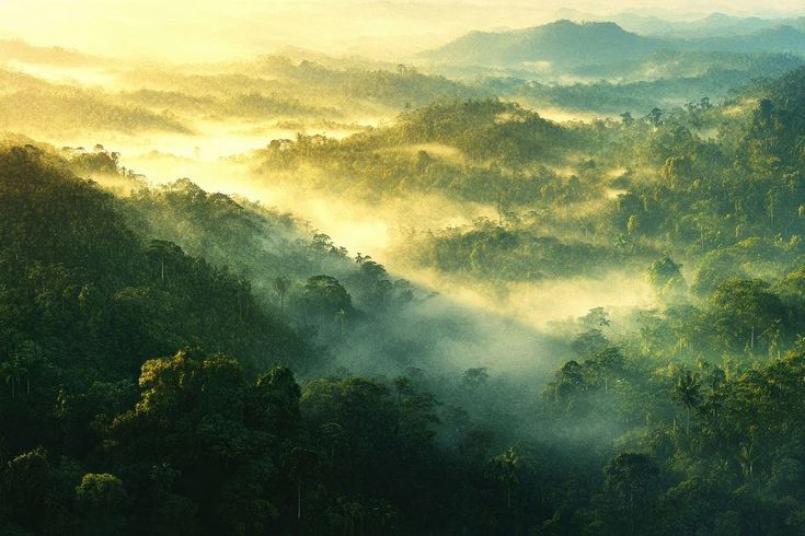 an aerial view of trees and fog in the forest