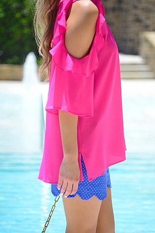 Mckell Top, Hot Pink :: SPRING FORWARD :: The Blue Door Boutique Pink Ruffle Sleeve Tops For Summer, Summer Cold Shoulder Blouse For Day Out, Trendy Ruffle Sleeve Blouse For Beach, Trendy Ruffle Sleeve Blouse For The Beach, Trendy Cold Shoulder Summer Blouse, Beach Season Vacation Tops With Ruffles, Chic Ruffle Sleeve Tops For Beach, Chic Ruffle Sleeve Beach Tops, Off-shoulder Ruffled Tops For Vacation