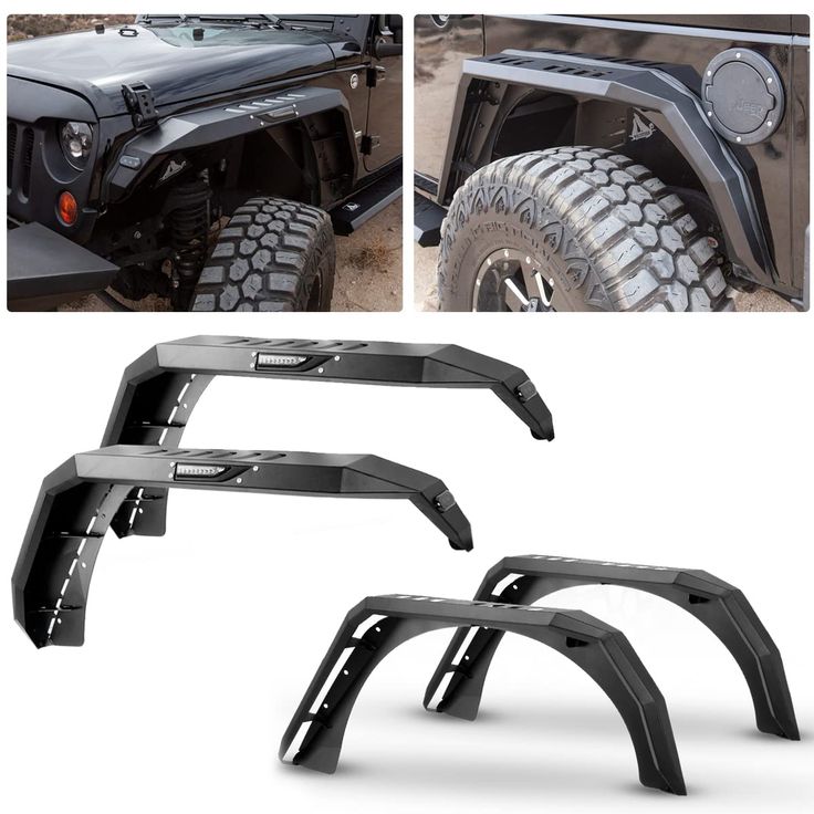 the front and rear fenders of a jeep with black powder coated tires, shown in three different views