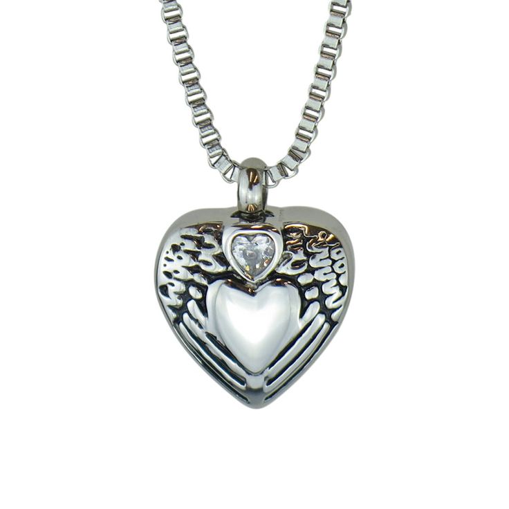 "This beautiful piece of high quality jewellery is designed to hold a tiny amount of a loved one or pet's ashes, ensuring that there is always a part of them held close to your heart. This solid 316L Stainless Steel pendant is in the shape of a heart with angel wings and a clear Czech crystal. Measuring approximately 1.8cm/0.71\" in overall height and 1.8cm/0.71\" in width. The high quality solid 316L Stainless Steel 'box' chain measures approximately 51cm (20\").  Each Pendant comes beautifully Engraved Stainless Steel Heart Pendant Jewelry, Heart Cut Birthstone Jewelry For Keepsake, Keepsake Heart Cut Birthstone Jewelry, Heart Cut Stainless Steel Jewelry Gift, Heart Cut Stainless Steel Jewelry For Gift, Nickel-free Heart Pendant Jewelry For Keepsake, Nickel-free Heart Pendant Keepsake Jewelry, Nickel-free Open Heart Keepsake Jewelry, Engraved Jewelry For Valentine's Day Keepsake