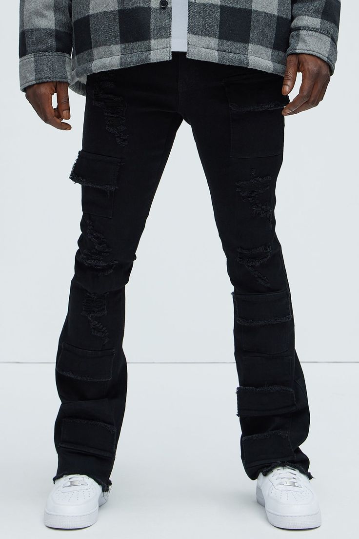 Available In Black. Stacked Skinny Flare Fit Stretch Denim 70% Cotton 28% Polyester, 2% Rayon Disclaimer: Due To The Distressing Process, Each Garment Is Unique. Zip Fly Button Closure Cargo Pockets 5 Pocket Detail Open Hem Imported | Mens Spot On Stacked Skinny Flare Jeans in Black size 40 by Fashion Nova Fitted Distressed Denim Cargo Jeans, Ripped Fitted Cargo Jeans, Ripped Fitted Casual Cargo Jeans, Fitted Ripped Casual Cargo Jeans, Casual Ripped Fitted Cargo Jeans, Distressed Fitted Straight Leg Cargo Jeans, Fitted Distressed Straight Leg Cargo Jeans, Urban Fitted Jeans With Frayed Hem, Fitted Straight Leg Distressed Cargo Jeans