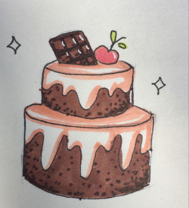 a drawing of a cake with chocolate and cherries on top