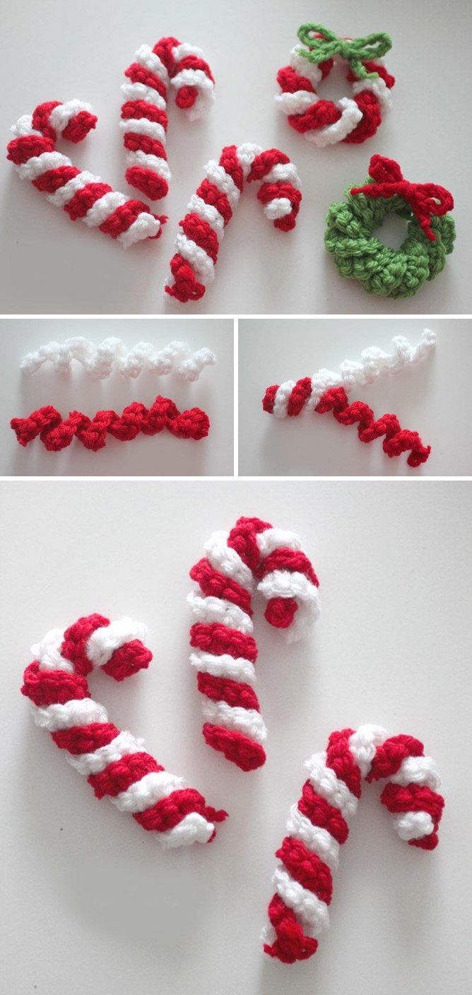 crocheted christmas letters made from yarn and yarnsticks are arranged in the shape of candy canes