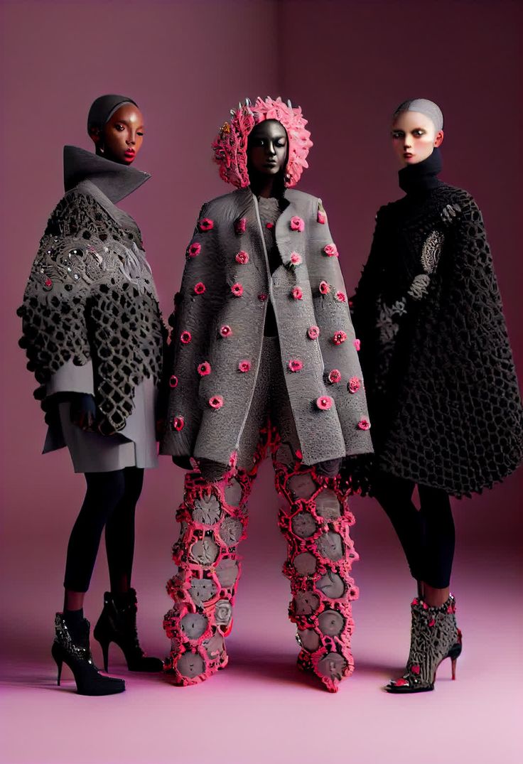 three mannequins dressed in black and grey clothing with pink flowers on them