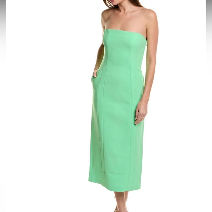 Brand New! Green Midi Dress With Straight Neckline For Date Night, Chic Knee-length Strapless Dress For Formal Occasions, Chic Knee-length Strapless Formal Dress, Chic Formal Knee-length Strapless Dress, Elegant Green Dress With Straight Neckline, Formal Spring Strapless Dress With Straight Neckline, Formal Strapless Dress With Straight Neckline For Spring, Green Midi Dress With Straight Neckline For Evening, Evening Green Midi Dress With Straight Neckline