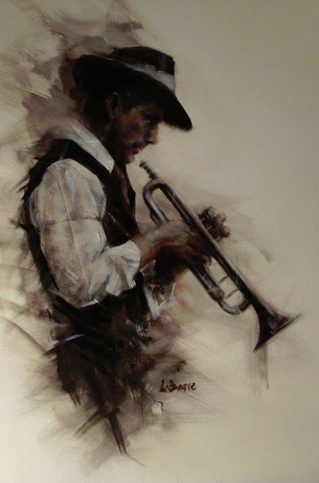 a painting of a man with a hat and vest playing a trumpet in his hand