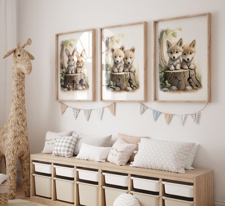 three framed pictures hang on the wall above a wooden bench with storage bins underneath