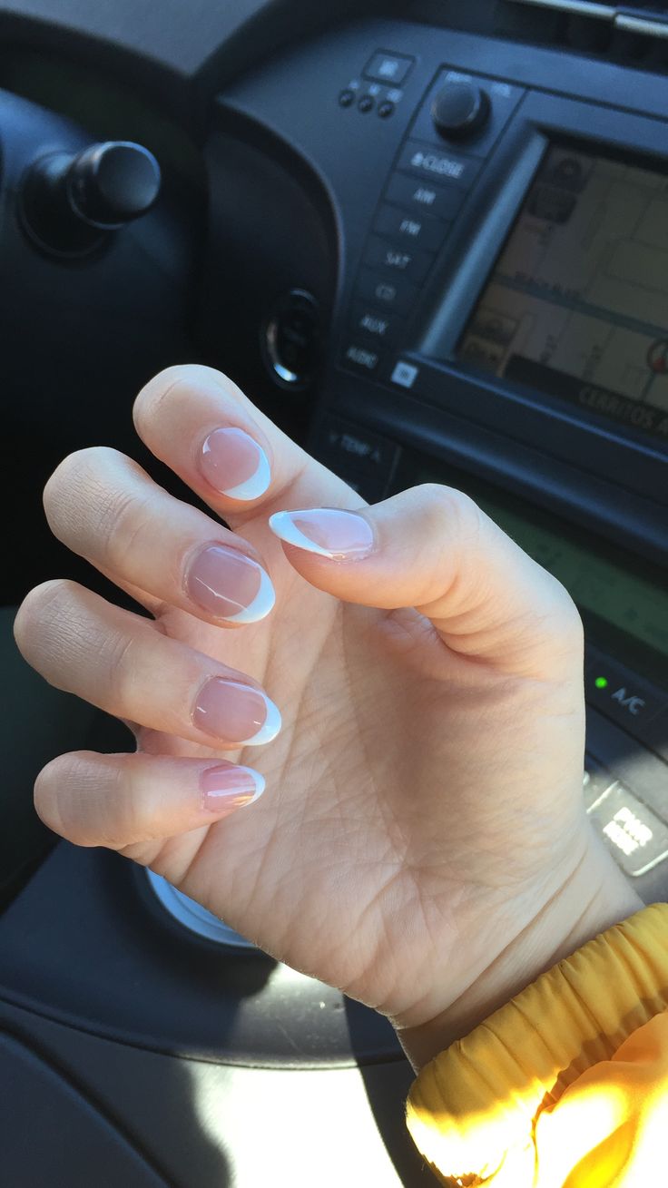 French Tip On Short Almond Nails, French On Short Almond Nails, White Rounded French Tip, Almond Round French Tip Nails, White Tip Acrylic Nails Short Round, Almond French Short Nails, Short Almost French Nails, White French Tip Nails Gel Short, Short French Tip Acrylic Nails Almond White